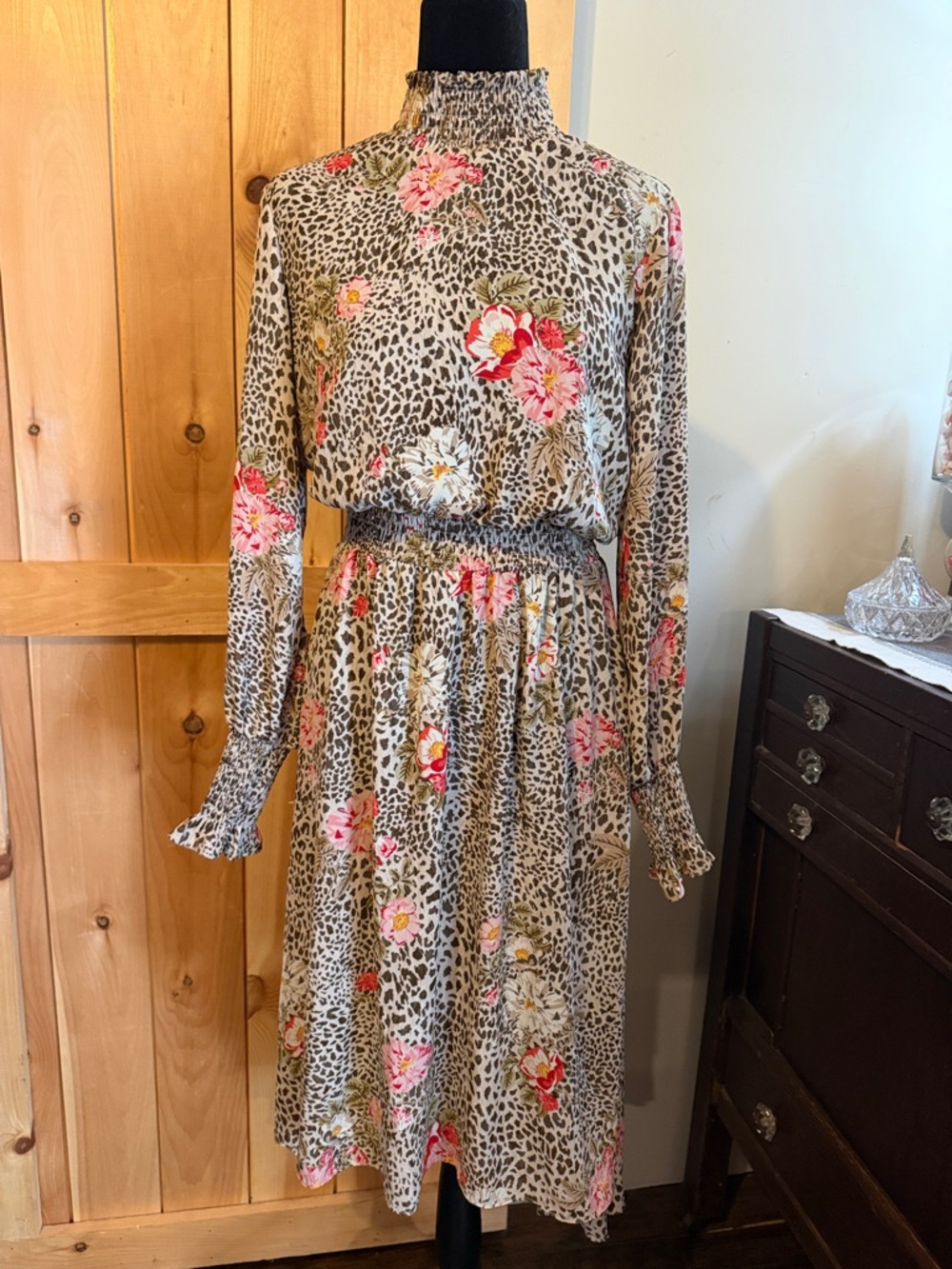 Nanette Lepore Beige Leopard Floral Smocked-Neck Midi Dress